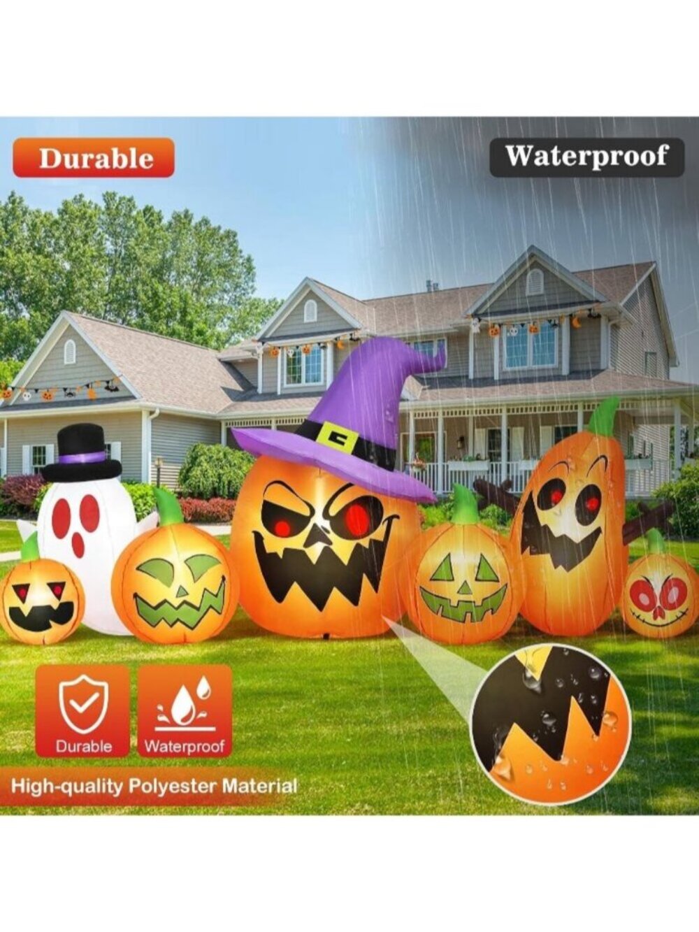 8FT Long Halloween Inflatables Spooky Pumpkin Outdoor Decor White Orange Witch - Picture 5 of 6